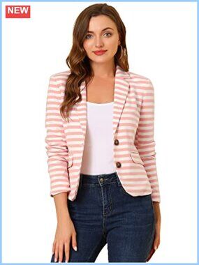 Striped Blazer Two-Button Casual Suit Jacket Long Sleeve Lined Flap Pockets